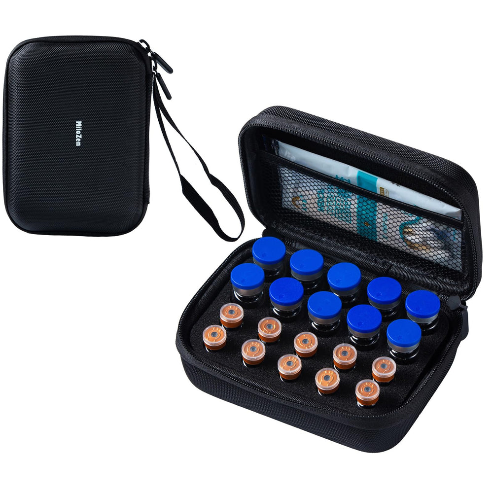 MiloZen peptide and insulin vial case holds 3ml and 10ml vials securely for travel.