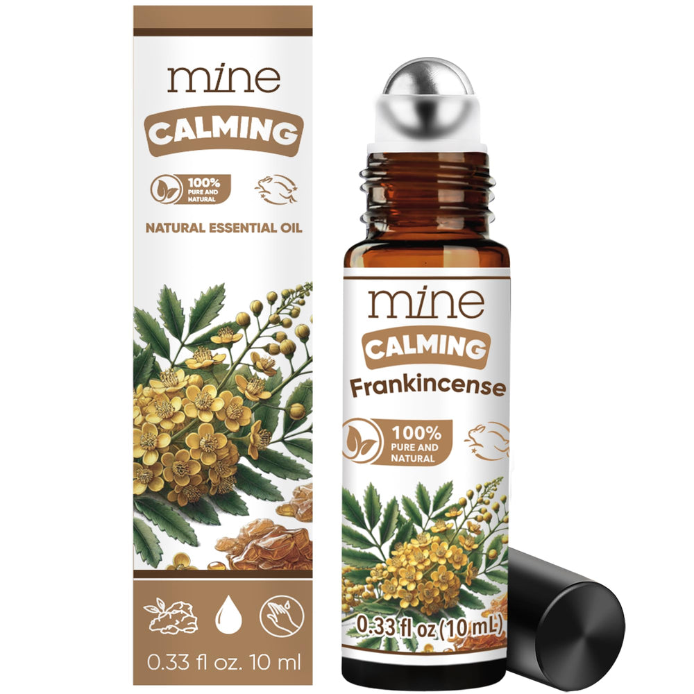 Mine Frankincense Roll On bottle closeup for on-the-go calm.