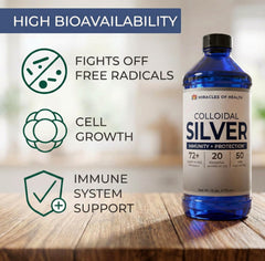 Pouring Miracles of Health colloidal silver into a glass for daily use.