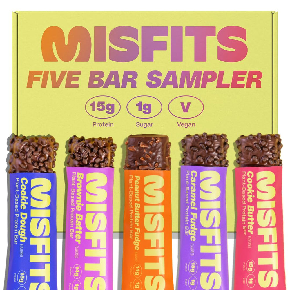 Misfits protein bar variety pack front view, five bars ready for on-the-go protein