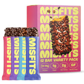 Misfits Protein Bar Variety Pack packshot highlighting gluten-free, non-GMO snack options.