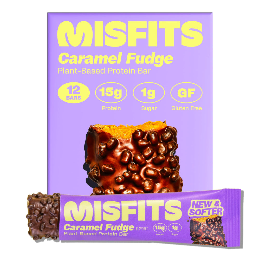 Misfits Sweet Caramel Fudge bar pack shot, a convenient protein snack for busy days.