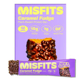 Misfits Sweet Caramel Fudge bar pack shot, a convenient protein snack for busy days.