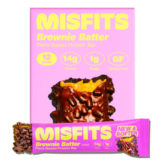 Misfits vegan protein bar Fudgey Brownie Batter with caramel topping for a chewy chocolate snack.