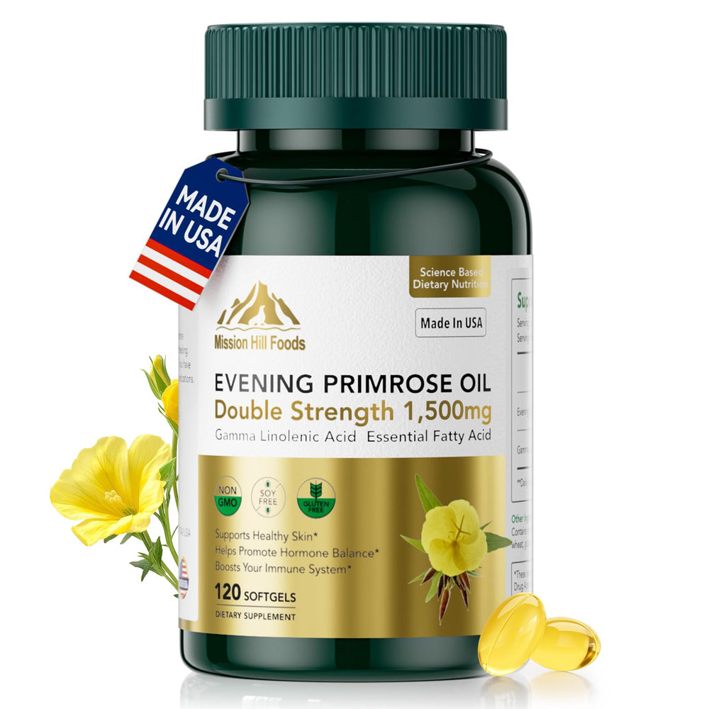 Mission Hill Foods evening primrose oil bottle highlights easy daily use for hormonal balance.