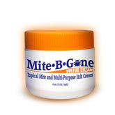 Mite-B-Gone cream bottle front, highlighting sulfur-based formula for itch relief