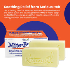 Mite-B-Gone Relief Soap packaging showing USA-made natural skincare