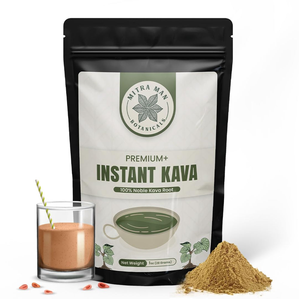 MITRAMAN BOTANICALS Instant Kava front package for quick calm.