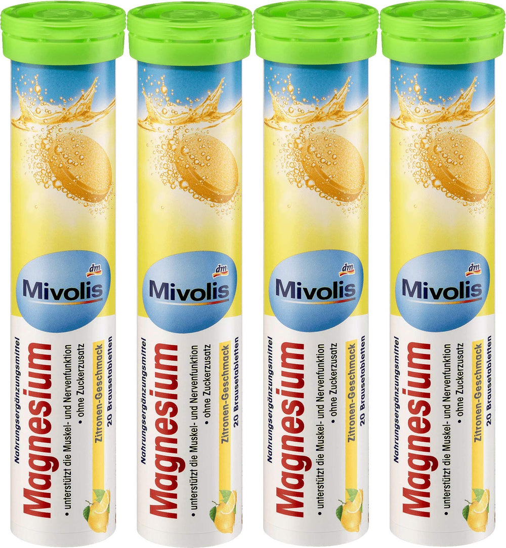 Mivolis Magnesium effervescent lemon tablets dissolving in water for a refreshing drink.