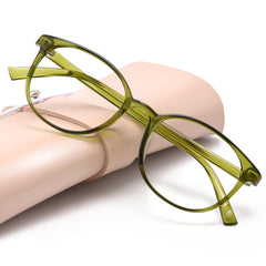 Miyya blue light blocking glasses with round transparent frames for day-long screen comfort.