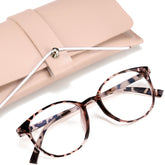 Miyya blue light blocking glasses with round transparent frames, front view, reduces eye strain.