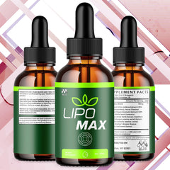 MJO Lipomax Drops bottle pour showing precise dropper for convenient dosing.