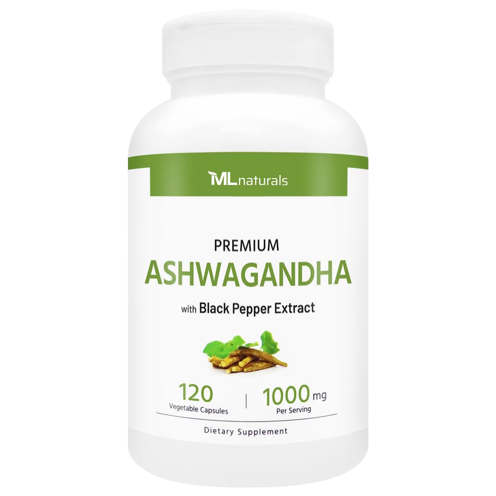 ML Naturals Ashwagandha: botella frontal mostrando cápsulas vegetales y pureza orgánica.