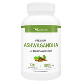 ML Naturals Ashwagandha: botella frontal mostrando cápsulas vegetales y pureza orgánica.