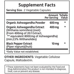 ML Naturals Ashwagandha: botella lateral para ver etiqueta y certificaciones de calidad.