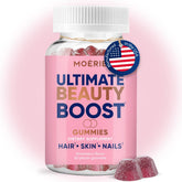 Moerie Hair Skin Nails bottle front, a convenient daily gummy for holistic beauty support.