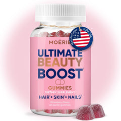 Moerie Hair Skin Nails bottle front, a convenient daily gummy for holistic beauty support.