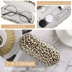 MoKo leopard case opened, showing dual compartments for glasses and lenses
