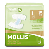MOLLIS unisex adult diaper packaging showing discreet fit and tab closure.