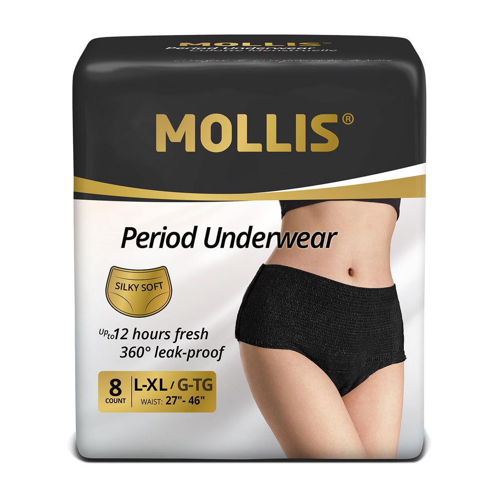 MOLLIS disposable period underwear pack shot shows discreet breathable fabric for daily wear.