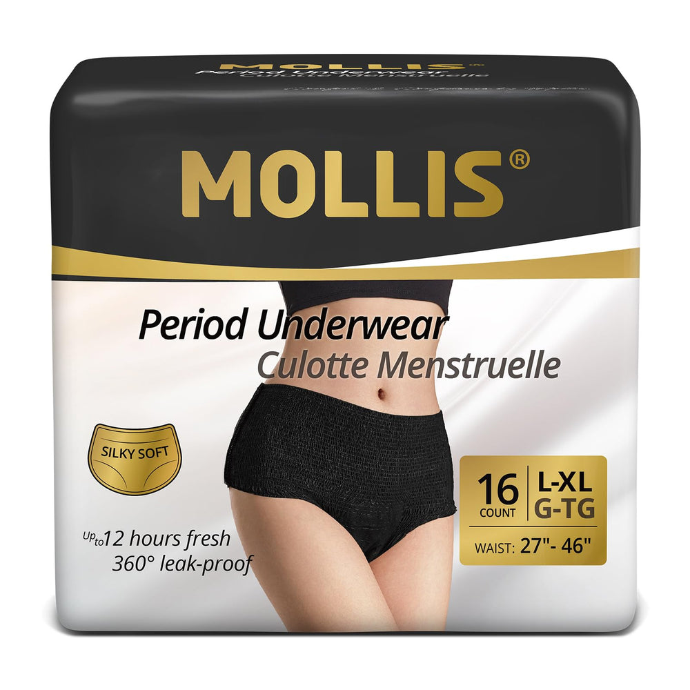 MOLLIS disposable period underwear packaging, travel-friendly and hygienic.