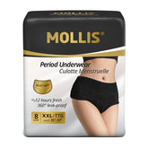 MOLLIS disposable period underwear packaging for travel-friendly protection.