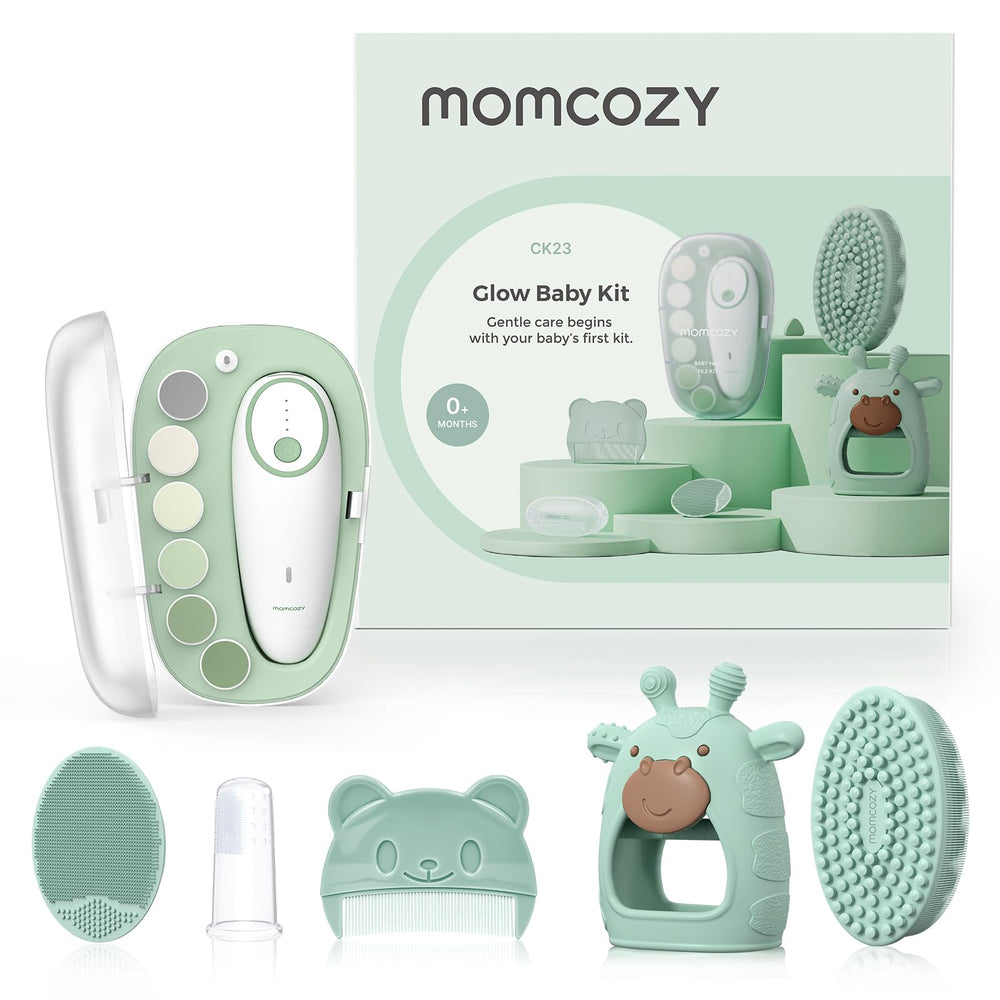 Momcozy Glow Baby Kit electric nail file demonstrates gentle precision for tiny newborn nails.