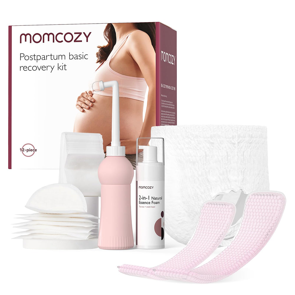 Momcozy postpartum recovery kit canvas bag keeps essentials organized for travel.