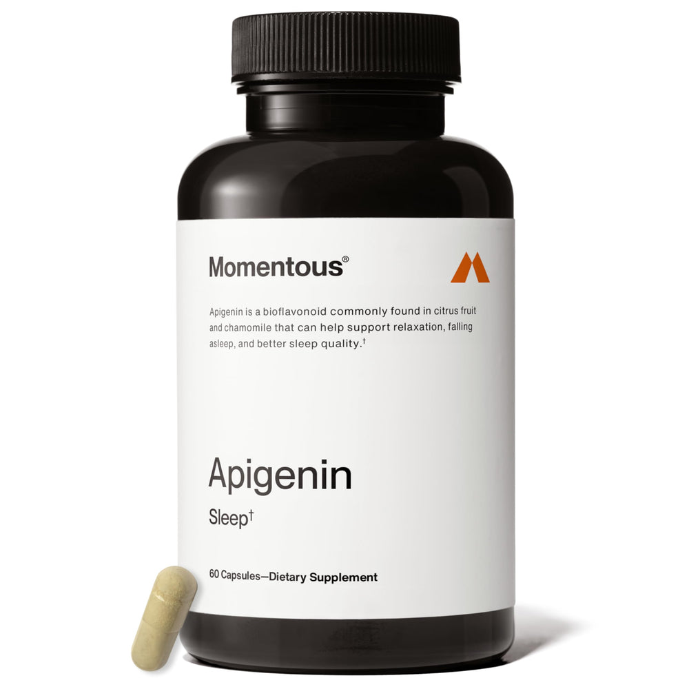 Momentous Apigenin supplement bottle on counter, supports a calm evening routine.