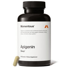 Momentous Apigenin supplement bottle on counter, supports a calm evening routine.