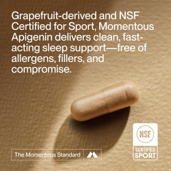 Momentous Apigenin packaging box, indicating NSF quality and sport certification.