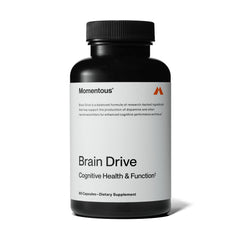 Momentous Brain Drive bottle cap close-up showing freshness and premium formulation.