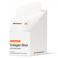 Momentous Collagen Shot orange mango bottle highlights flavor for active recovery