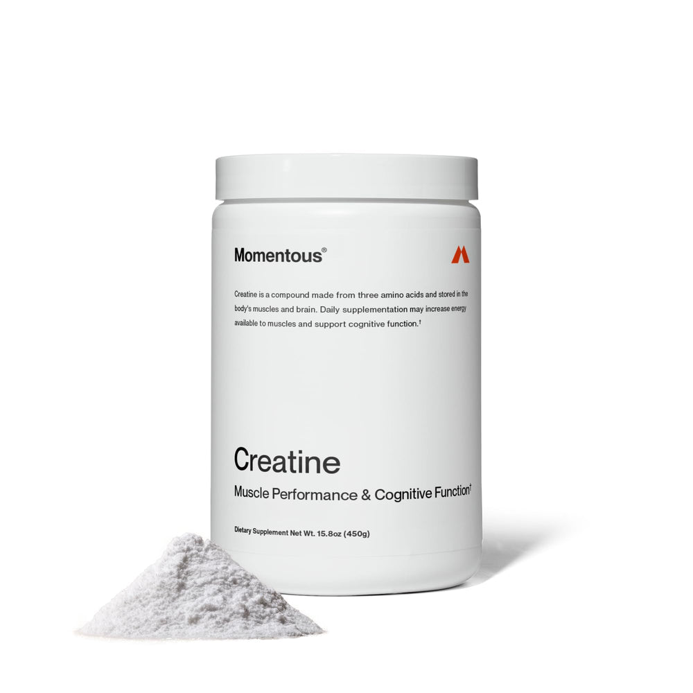 Momentous Creatine Monohydrate powder bottle label highlighting Creapure purity for sport.