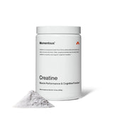 Momentous Creatine Monohydrate powder bottle label highlighting Creapure purity for sport.