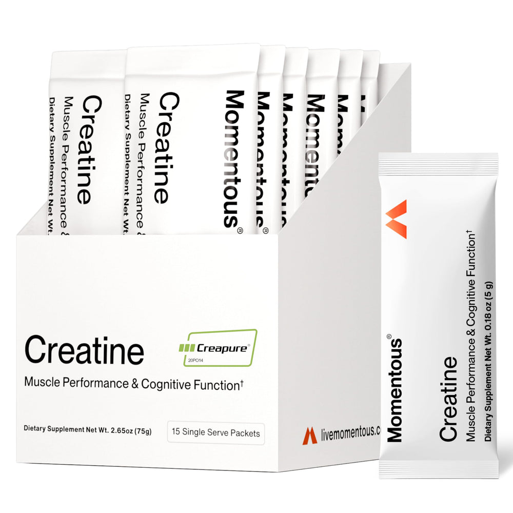 Momentous Creatine Powder bottle showing Creapure purity for lean muscle support.