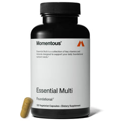 Momentous Essential Multivitamin bottle front view promotes daily wellness.