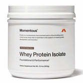 Momentous Essential whey protein chocolate fudge container supports post-workout recovery