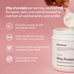 Momentous Essential Whey Strawberry Powder Bag highlighting flavor and texture