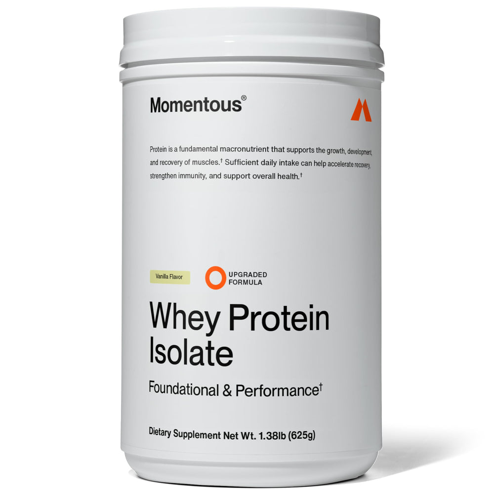 Momentous Essential whey tub vanilla, grass-fed protein for everyday fitness fueling.