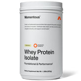 Momentous Essential whey tub vanilla, grass-fed protein for everyday fitness fueling.
