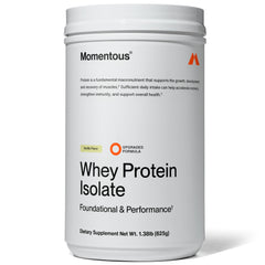 Momentous Essential whey tub vanilla, grass-fed protein for everyday fitness fueling.