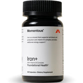Momentous Iron+ bottle showing a gluten-free, NSF-certified daily iron formula.