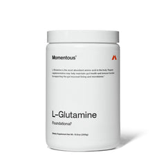 Momentous L-Glutamine powder bottle pouring for gut health support