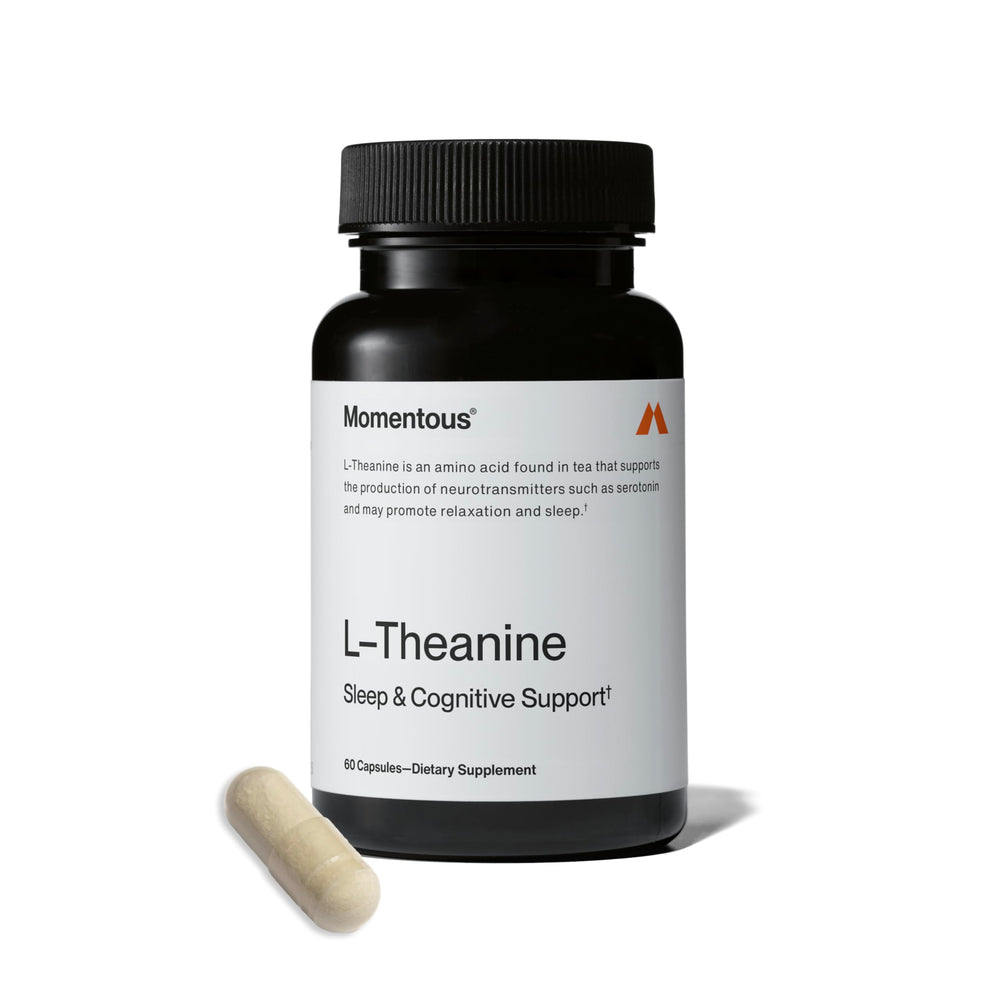 Momentous L-Theanine bottle front promotes calm focus for daily tasks.