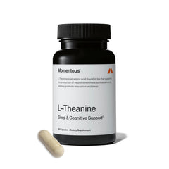 Momentous L-Theanine bottle front promotes calm focus for daily tasks.