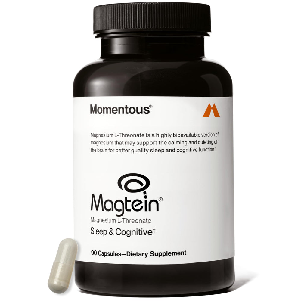 Momentous Magtein bottle label shows cognitive support for daily tasks.
