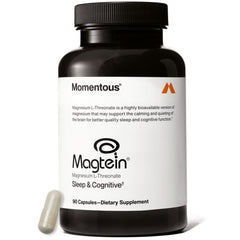 Momentous Magtein bottle label shows cognitive support for daily tasks.