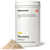 Momentous Recovery whey bottle close-up highlighting vanilla flavor and post-workout recovery support.