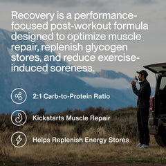 Momentous Recovery powder canister with vanilla label demonstrates premium grass-fed whey protein.